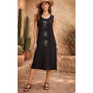 Black Kaktus Sz Med Embroidered Boho Hippy Lagenlook Maxi Dress USA